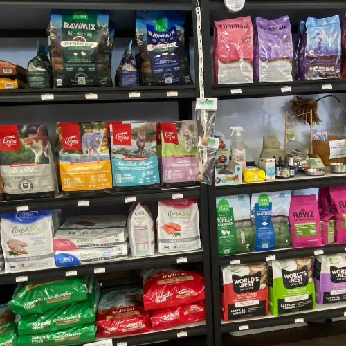 Pet food and supplies inside of the Howlistic store