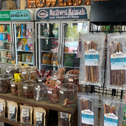 Pet food and supplies inside of the Howlistic store