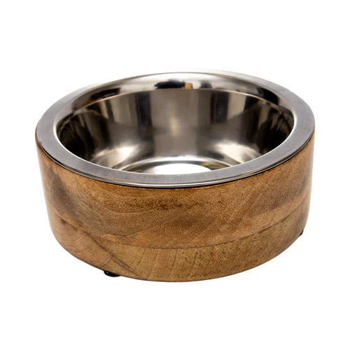 JoJo Modern Pets Stainless Steel Dog Bowl with Cylindrical Mango Wood Holder